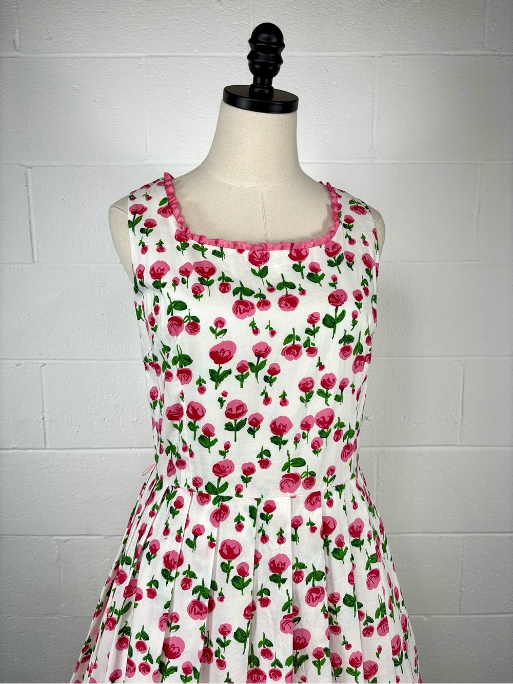 Vintage 90s Pink Rose Floral Fit Flare Day Dress Cotton Ruffle Trim Tradwife 14 - Picture 7 of 14